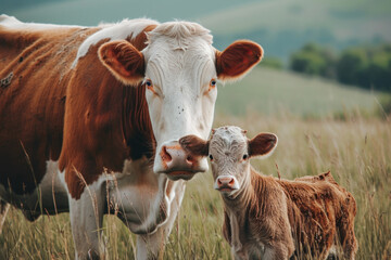 Wall Mural - a cow with her cub, mother loves and cares in everyday life