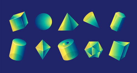 Fototapete - Color Gradient Geometric Shape Objects Set Sphere or Ball, Cube, Cone and Triangle. Vector illustration of Abstract Element