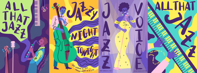 Canvas Print - Cartoon Color Jazz Music Festival Poster Card Set Concept Flat Design Style. Vector illustration of Musicians and Musical Instruments