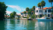 Picture of luxury mansion homes along inner coastal waterway river in Florida. Tropical vacation and summer home.