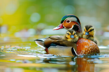 Wall Mural - a mandarin duck with her cub, mother love and care in wildlife scene