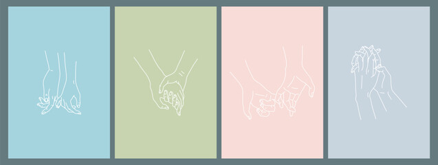Poster - One Line Drawn Holding Hands Poster Card Set Saint Valentine Day Concept. Vector illustration of Hold on with Little Fingers