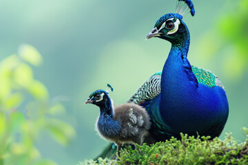 Wall Mural - a peacock with her cub, mother loves and cares in wildlife scene