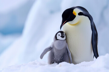 Wall Mural - a penguin with her cub, mother love and care in wildlife scene