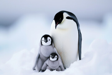 Wall Mural - a penguin with her cub, mother love and care in wildlife scene