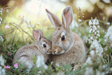 Fototapeta  - A rabbit with her cub, mother loves and cares in everyday life