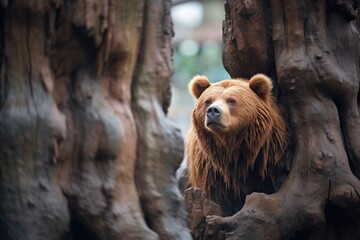 Wall Mural - bear looking out from behind an ancient tree