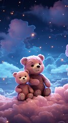 a beautiful moon, clouds, and stars with two little teddy bears in the background, in the style of honeycore, cute and colorful - generative ai