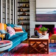 A bohemian living space with eclectic furniture and vibrant, patterned rugs4