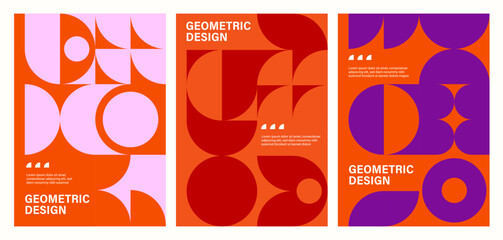 Wall Mural - Modern geometric abstract posters with Bauhaus patterns. Business presentation cover page vector background, company poster or flyer template with Bauhaus red, purple and orange geometric patterns