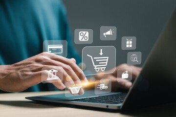 Wall Mural - business ecommerce concept. businessman use laptop with online shopping icons for internet shopping,