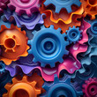 Abstract digital art of interconnected gears in vibrant colors. Copy Space for tech-related advertising
