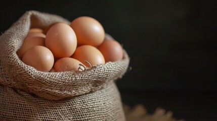 Wall Mural - Chicken eggs in sack bag on black background