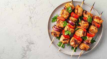 Wall Mural - Chicken kebab skewers on a plate over light grey slate, stone or concrete background . Top view with copy space. 