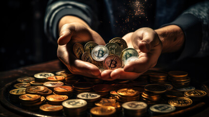 Poster - Investor grasping digital coins with crypto market charts in the background