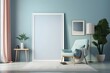 mockup photo frame in pastel color living room with blue walls and a hardwood floor, Photoshoot, Shot on 65mm lens, Shutter Speed 1 4000, F 1.8 White Balance, 32k, Super-Resolution, Pro Photo RGB, Hal