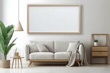 Blank Wooden Picture Frame On Wall In Modern Livingroom Interior, Mockup Template, Studio Photo, Cinematic, Photoshoot, Shot On 65mm Lens, Shutter Speed 1 4000, F 1.8 White Balance, 32k, Super-Resolut
