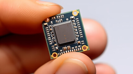 Poster - Hand Holding Computer Microchip on White Background, Tech Concept