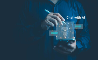 Poster - Chatbot Chat with AI, Ai tech, Digital chatbot, robot application, OpenAI generate. Artificial Intelligence. Using command prompt for generates something, Futuristic technology transformation.