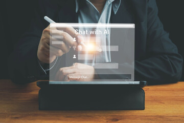 Poster - Chatbot Chat with AI, Ai tech, Digital chatbot, robot application, OpenAI generate. Artificial Intelligence. Using command prompt for generates something, Futuristic technology transformation.