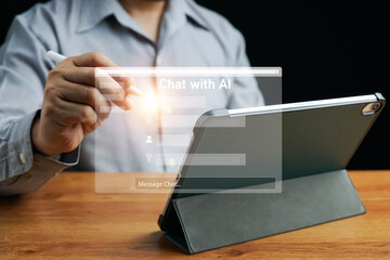 Poster - Chatbot Chat with AI, Ai tech, Digital chatbot, robot application, OpenAI generate. Artificial Intelligence. Using command prompt for generates something, Futuristic technology transformation.