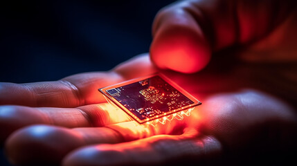 Poster - Researcher holding AI-focused microchip in open palm