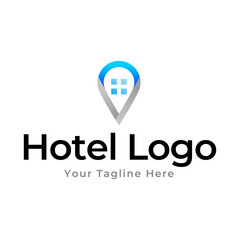 Wall Mural - Hotel Logo. Hotel point logo vector. Pin icon with hotel symbol combination isolated on white background.
