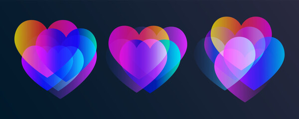 Poster - Bright gradient hearts for romantic graphic designs, wedding invitations and Happy Valentine's Day holiday greetings. Vector illustration.