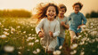 Children run happily and laughing over a vibrant spring meadow, enjoying the carefree joy of youth in the fresh, sunny outdoors