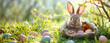 Adorable little Easter bunny peeking out from a jute bag surrounded by Easter eggs on a spring meadow, capturing the essence of Easter joy and springtime freshness