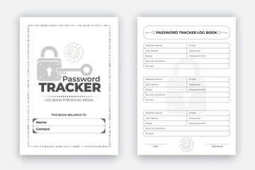 Password tracker log book design template, personal and website data format notebook, reminder journal interior with black white paper