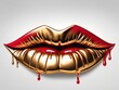 Red and gold puckered lips drippy kiss. AI generated