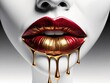 Red and gold puckered lips drippy kiss. AI generated