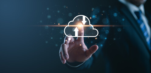Aufkleber - Businessman touch on virtual glowing cloud computing to download and loading data information and upload on system network application. Technology data transformation concept, data transfer.