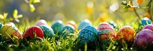Colorful Easter Eggs In Grass With Happy Easter Background
