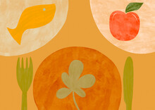 Food Illustration With Variety Of Foods On Plates