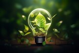 Light bulb with leaves inside, Green energy investment, Eco concept. Generative AI