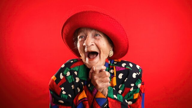 saying wow, a happy fisheye portrait caricature of funny elderly woman with red hat isolated on red 