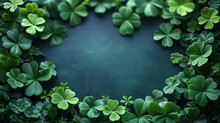 Green Background With Green Leaves Of Three And Four Leaf Clover, Shamrocks, Greeting Banner