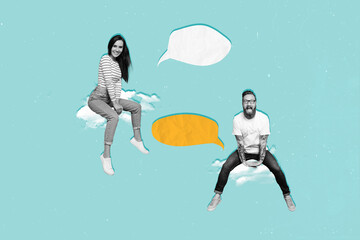 Poster - Surreal dream weird poster collage of two people social media users contact each other speak talk with mind cloud share opinion