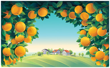 Wall Mural - Illustration of a rural scenery, with orange tree branches in the foreground, and a villages in the background. Vector illustration.