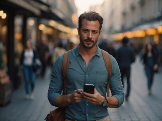 Handsome bearded young man on his 30s, looking at camera while strolling through the street with his mobile phone in his hand. Casual businessman. 