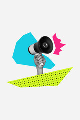 Sticker - Vertical collage image of black white effect arm hold loudspeaker ad information isolated on creative background