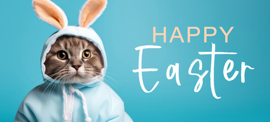 Wall Mural - Funny happy easter concept holiday animal celebration greeting card - Cool cute cat pet wearing a jogging suit with rabbit bunny ears, isolated on blue background