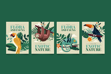 Flat Exotic Flora And Fauna Cards Collection With Wild Animals And Tropical Plants