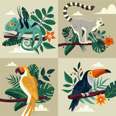 Wall Mural - Flat exotic flora and fauna square illustration collection