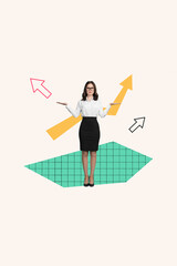 Sticker - Creative collage poster standing young beuatiful businesswoman confused unsure about decision arrows income development strategy choose