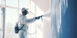 Fototapeta  - A builder in a protective suit and a respirator spray paints the walls. A male worker paints the walls in a new house with white spray paint. Construction and renovation concept
