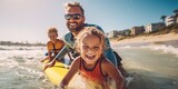 Fototapeta  - Happy families riding the waves, enjoying collective surfing lessons during a seaside holiday , concept of Community bonding