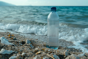 a plastic bottle on the coastline, pollution in the environment,contaminated sea